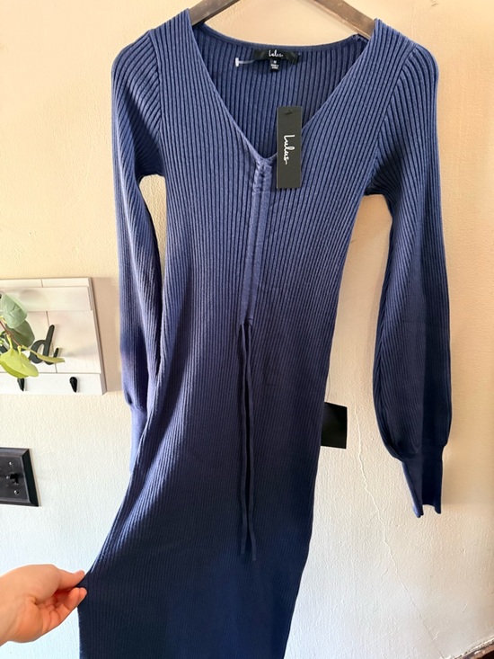 Lulu's Slate Blue Ribbed V-Neck Drawstring Midi Dress - Picture 9 of 12